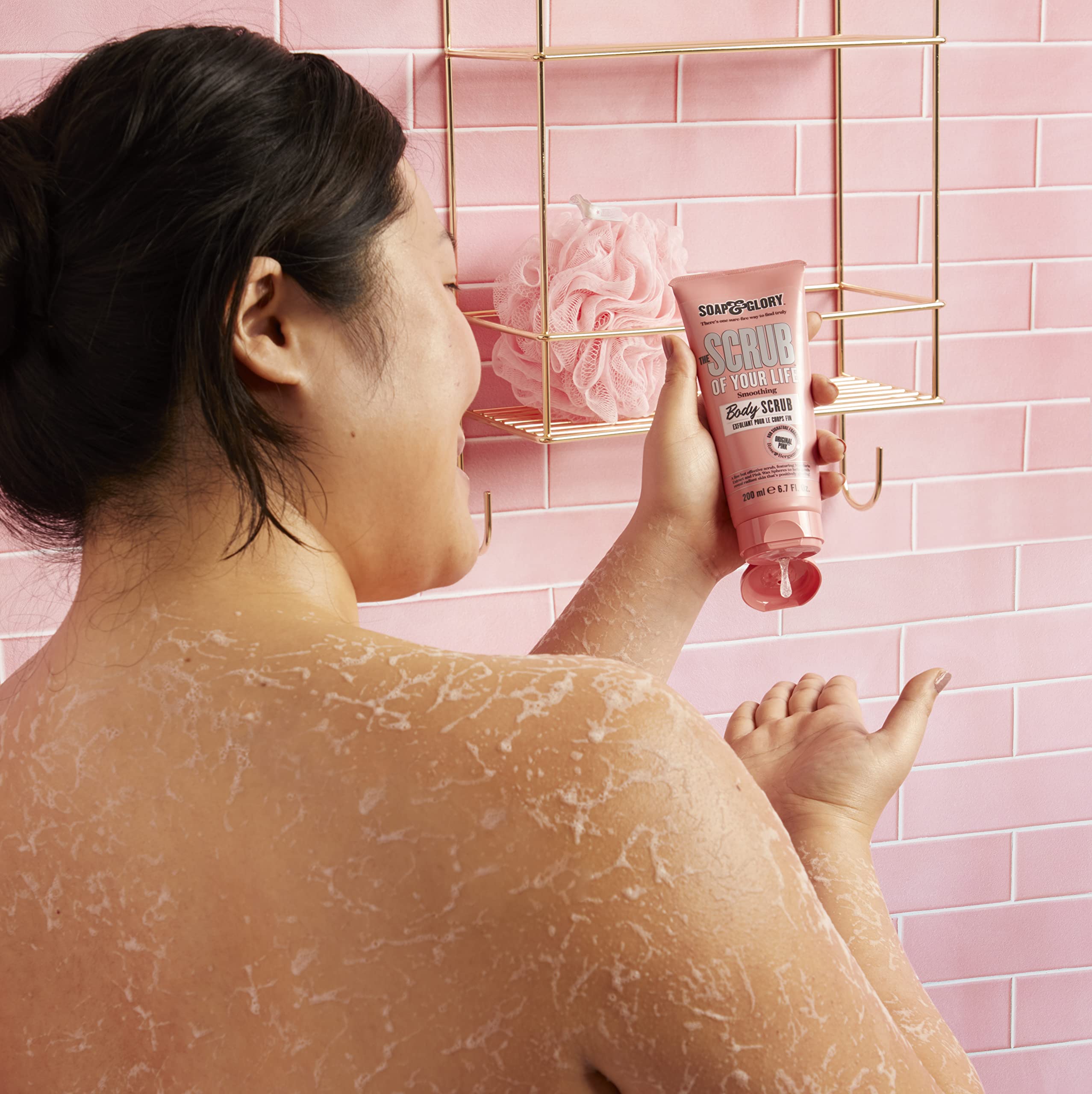 Soap & Glory Original Pink Scrub Of Your Life label closeup highlights vegan formula.