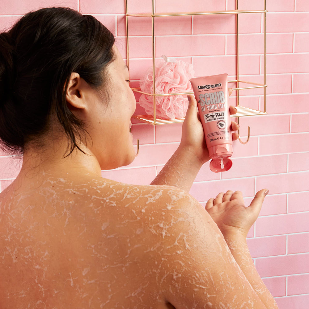 Soap & Glory Original Pink Scrub Of Your Life label closeup highlights vegan formula.