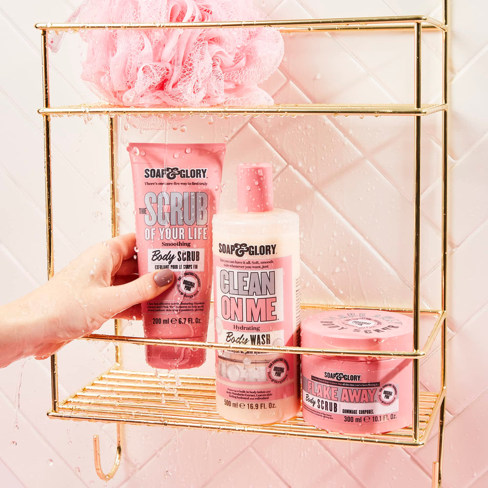 Soap & Glory Original Pink Scrub Of Your Life rose bergamot scent closeup for spa-like ritual.