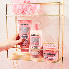 Soap & Glory Original Pink Scrub Of Your Life rose bergamot scent closeup for spa-like ritual.