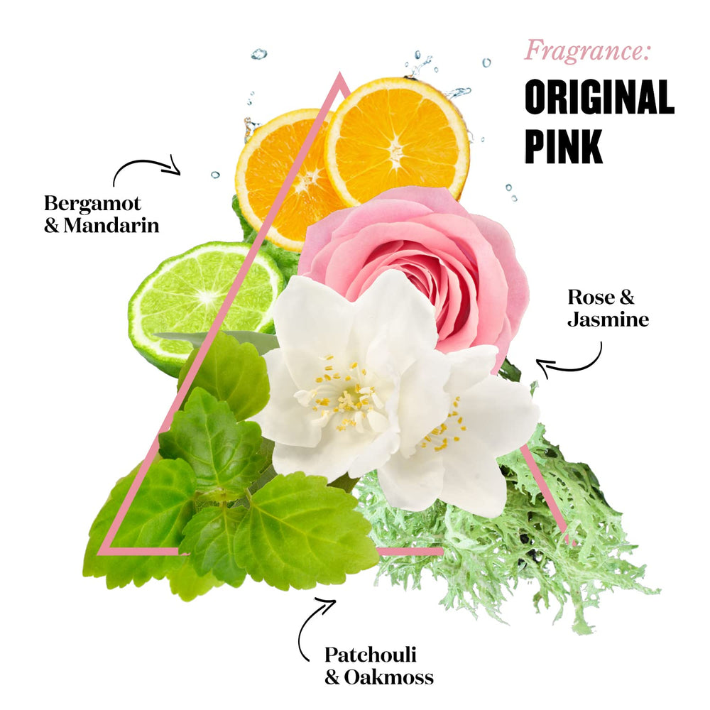 Soap & Glory Original Pink bottle with leaves background suggesting natural fragrance.