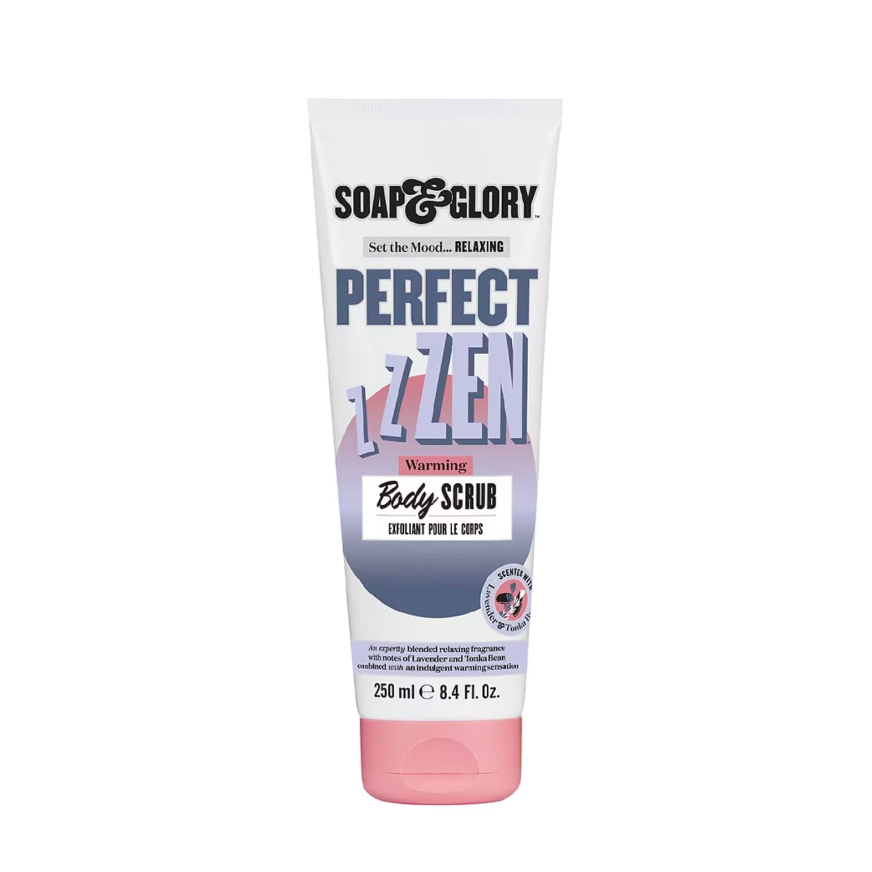 Soap & Glory Perfect Zen Exfoliating Scrub bottle shows warming formula for relaxing exfoliation