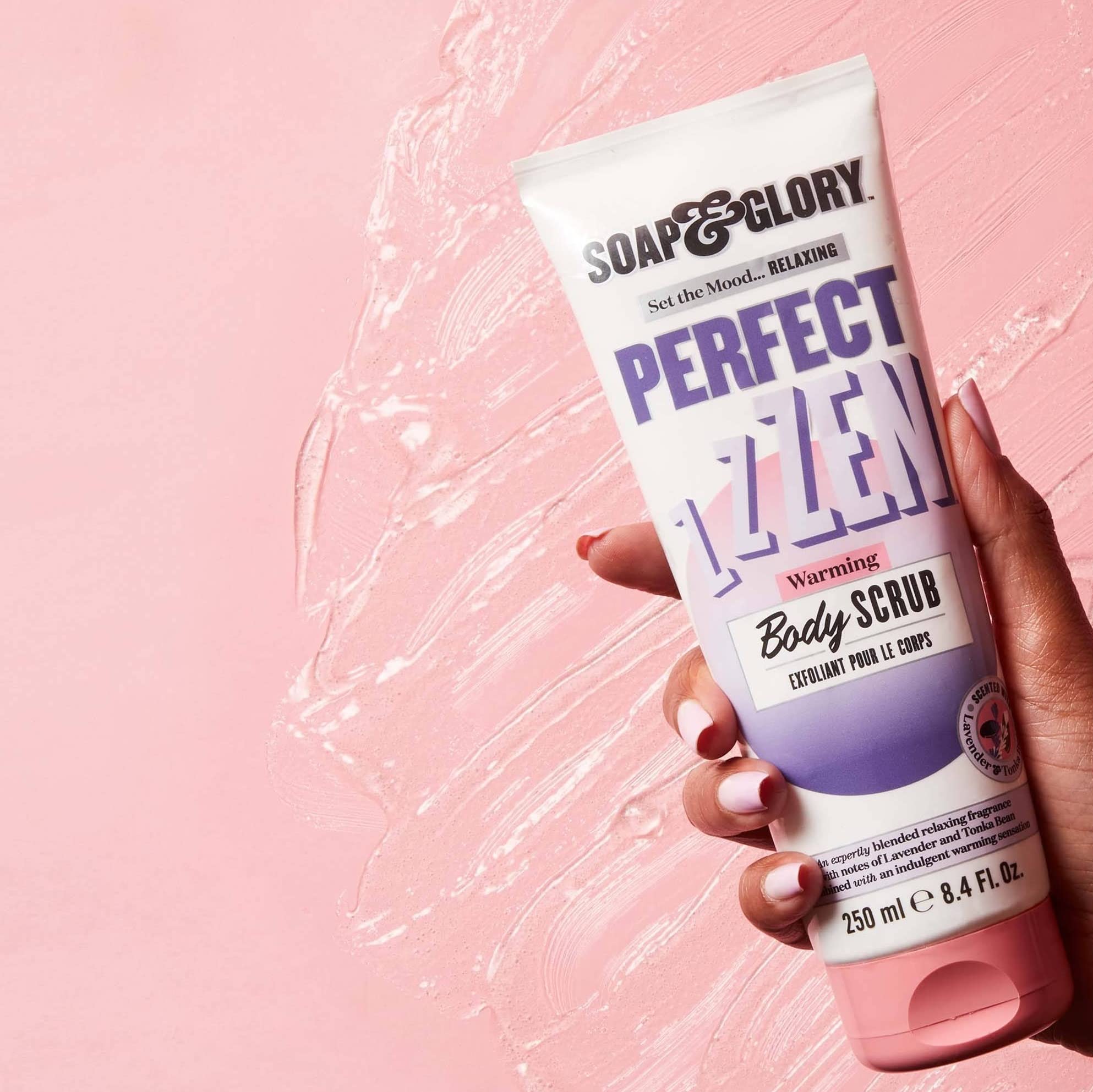 Soap & Glory Perfect Zen Exfoliating Scrub texture close-up highlights gentle beads for smooth skin