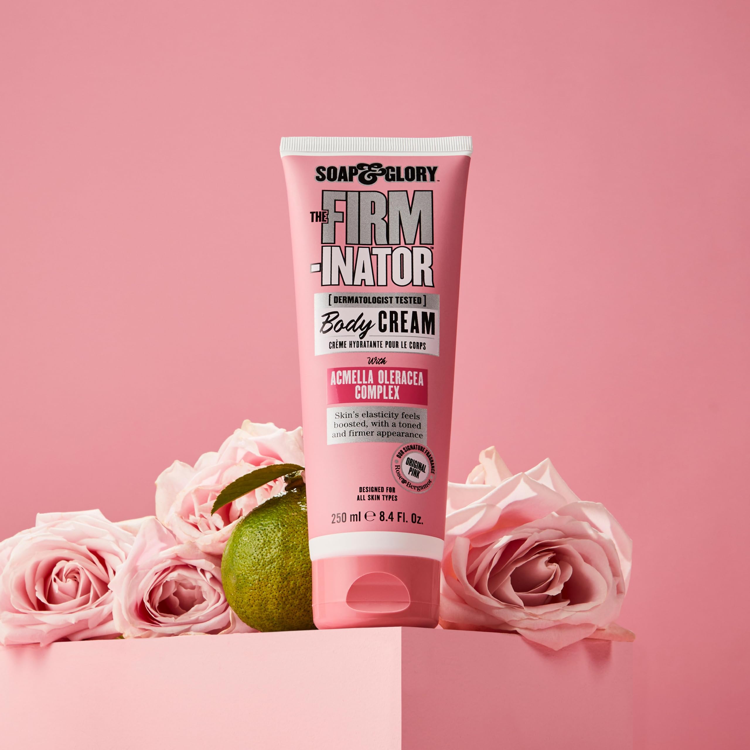 Soap & Glory vegan and cruelty-free certification on Firm-inator packaging.