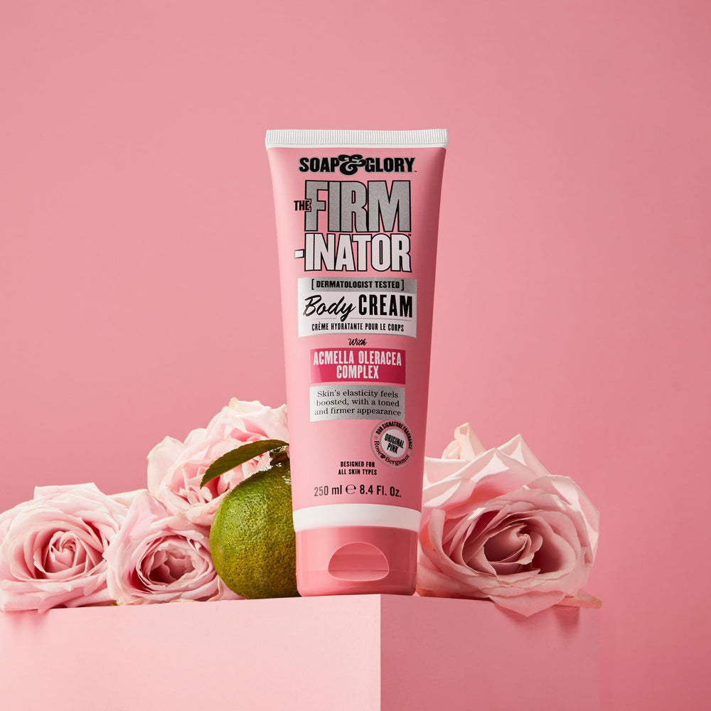 Soap & Glory vegan and cruelty-free certification on Firm-inator packaging.