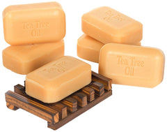 The Soap Works Tea Tree Oil Soap Bar set with natural wood soap dish for daily cleansing.