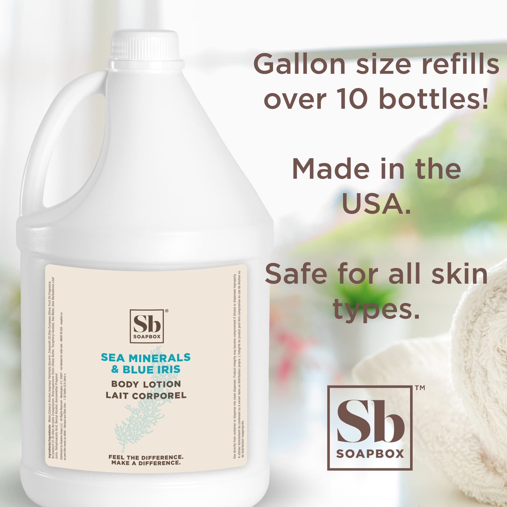 Soapbox body lotion sea minerals blue iris label highlights vegan cruelty-free ingredients
