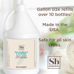 Soapbox body lotion sea minerals blue iris label highlights vegan cruelty-free ingredients