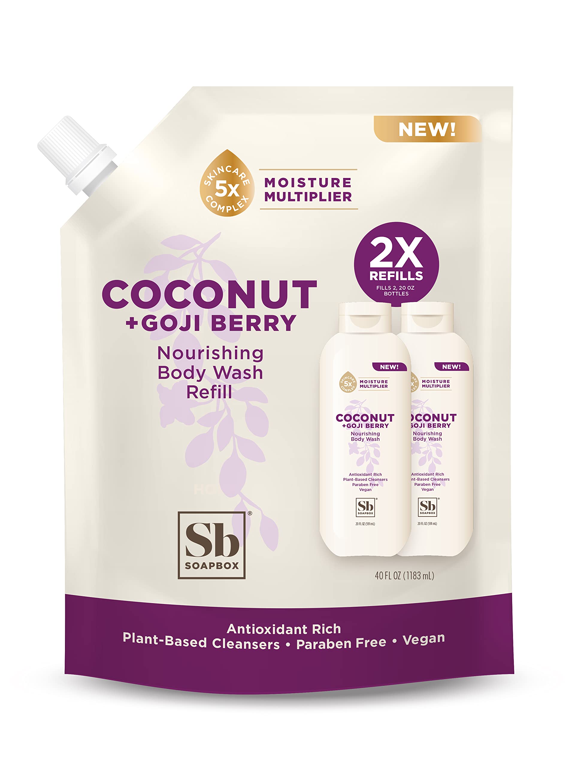 Soapbox Coconut Goji Berry refill bottle close-up shows moisturizing formula.