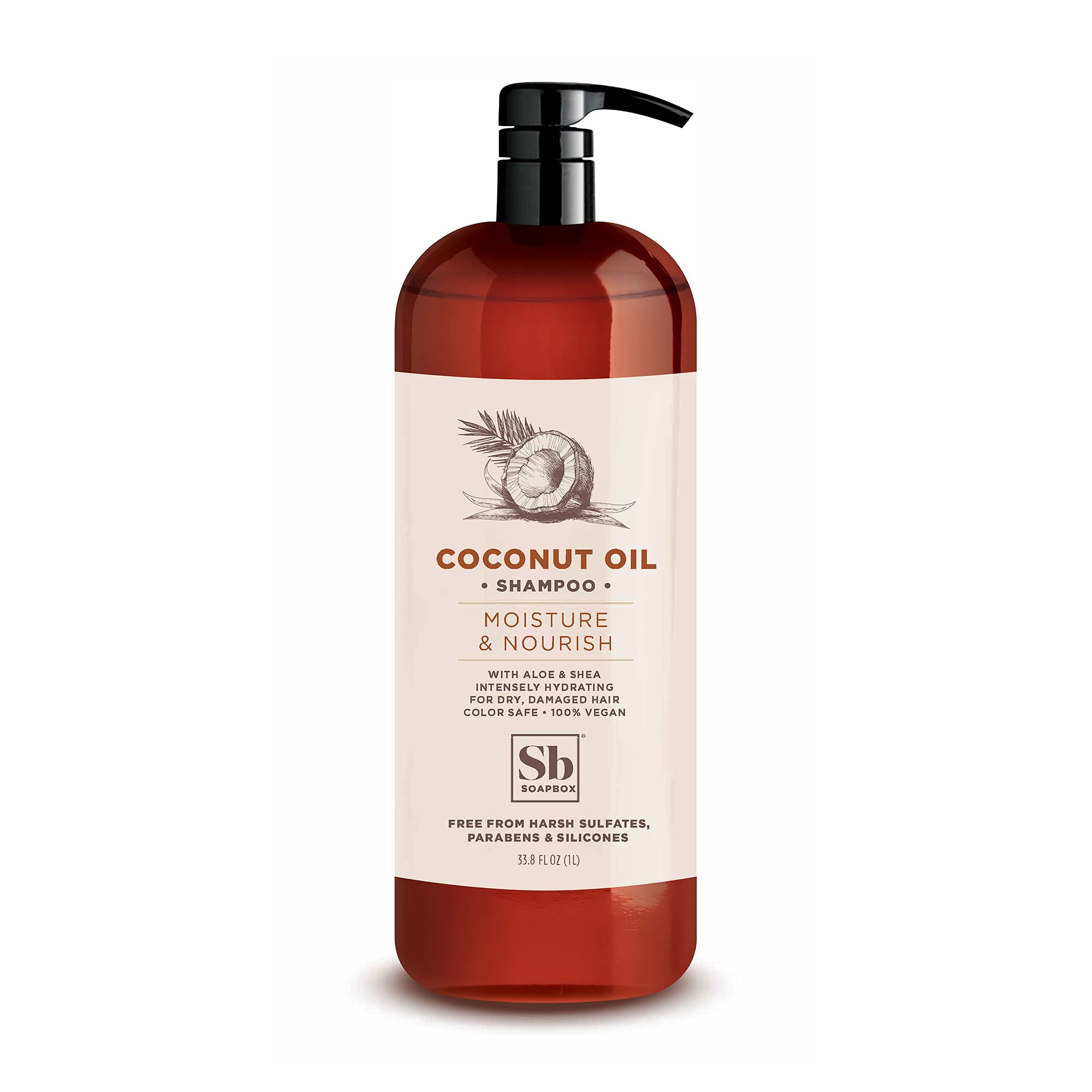 Soapbox Coconut Oil Shampoo bottle front, showing vegan and color-safe formula benefits