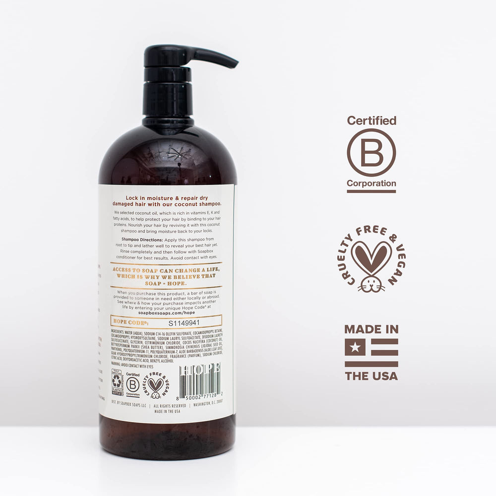 Soapbox Coconut Oil Shampoo no sulfates label for gentle cleansing