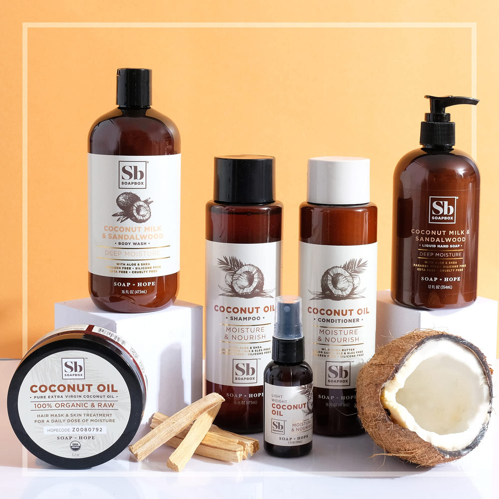 Soapbox Coconut Oil Shampoo three-pack packaging for value and convenience