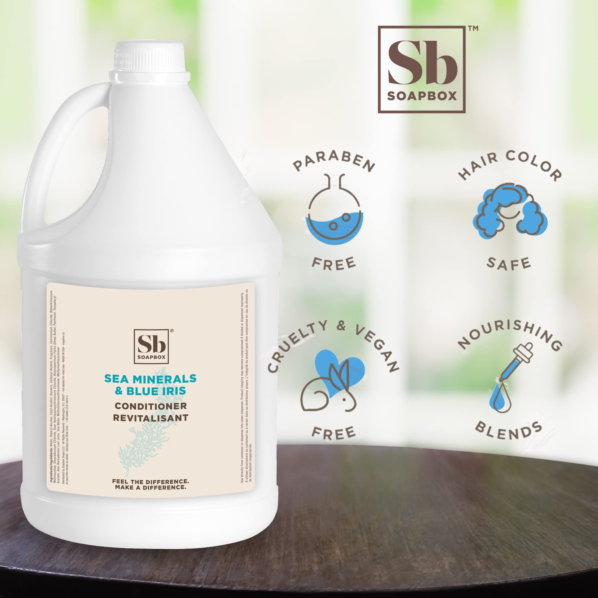 Soapbox Hair Conditioner Sea Minerals and Blue Iris label shows vegan and color-safe benefits.