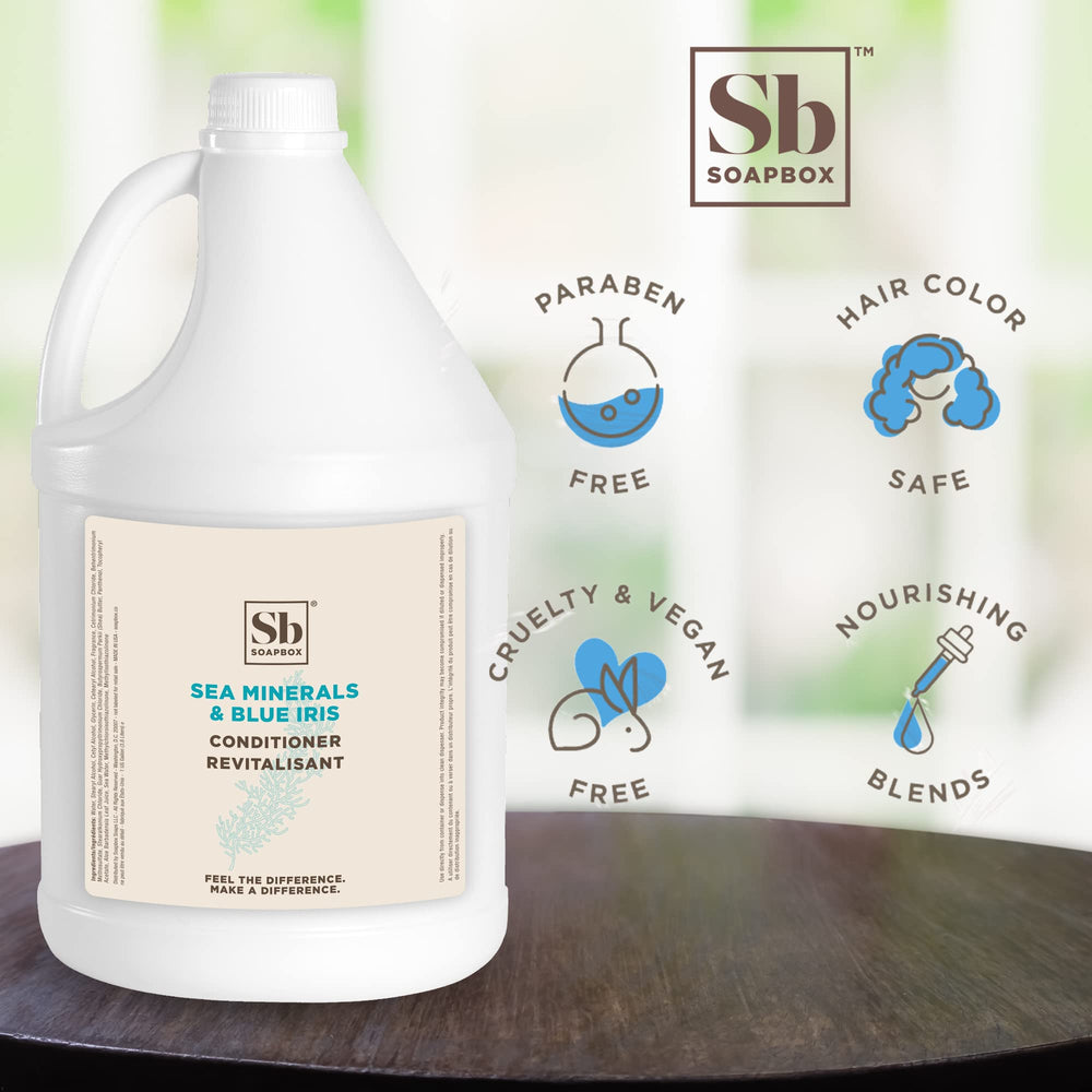 Soapbox Hair Conditioner Sea Minerals and Blue Iris label shows vegan and color-safe benefits.