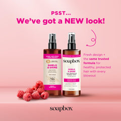 Soapbox Heat Protectant Spray being applied to damp hair before blow-drying for smoother results