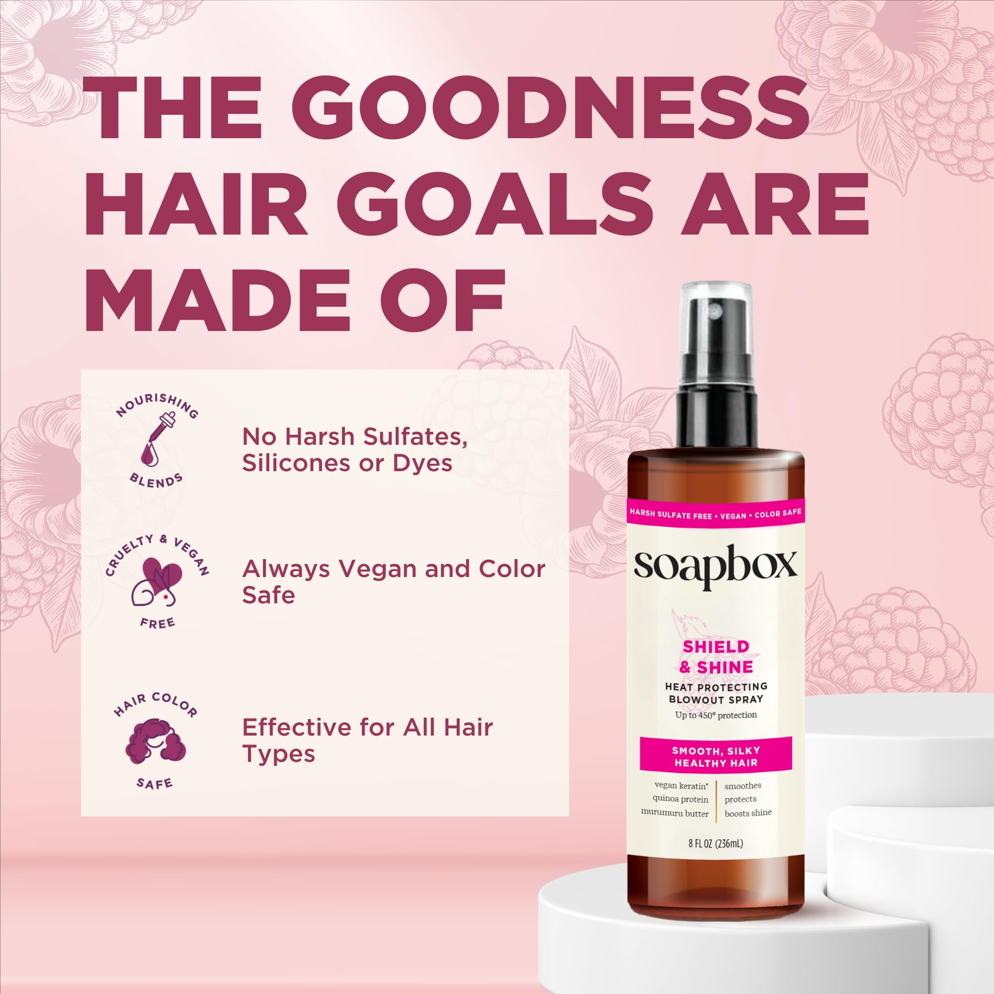 Soapbox Heat Protectant Spray packaging illustrating vegan and silicone-free formula