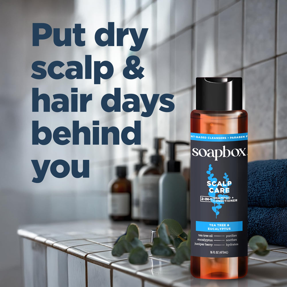 Soapbox Men's daily hair care routine setup suggests simple care.