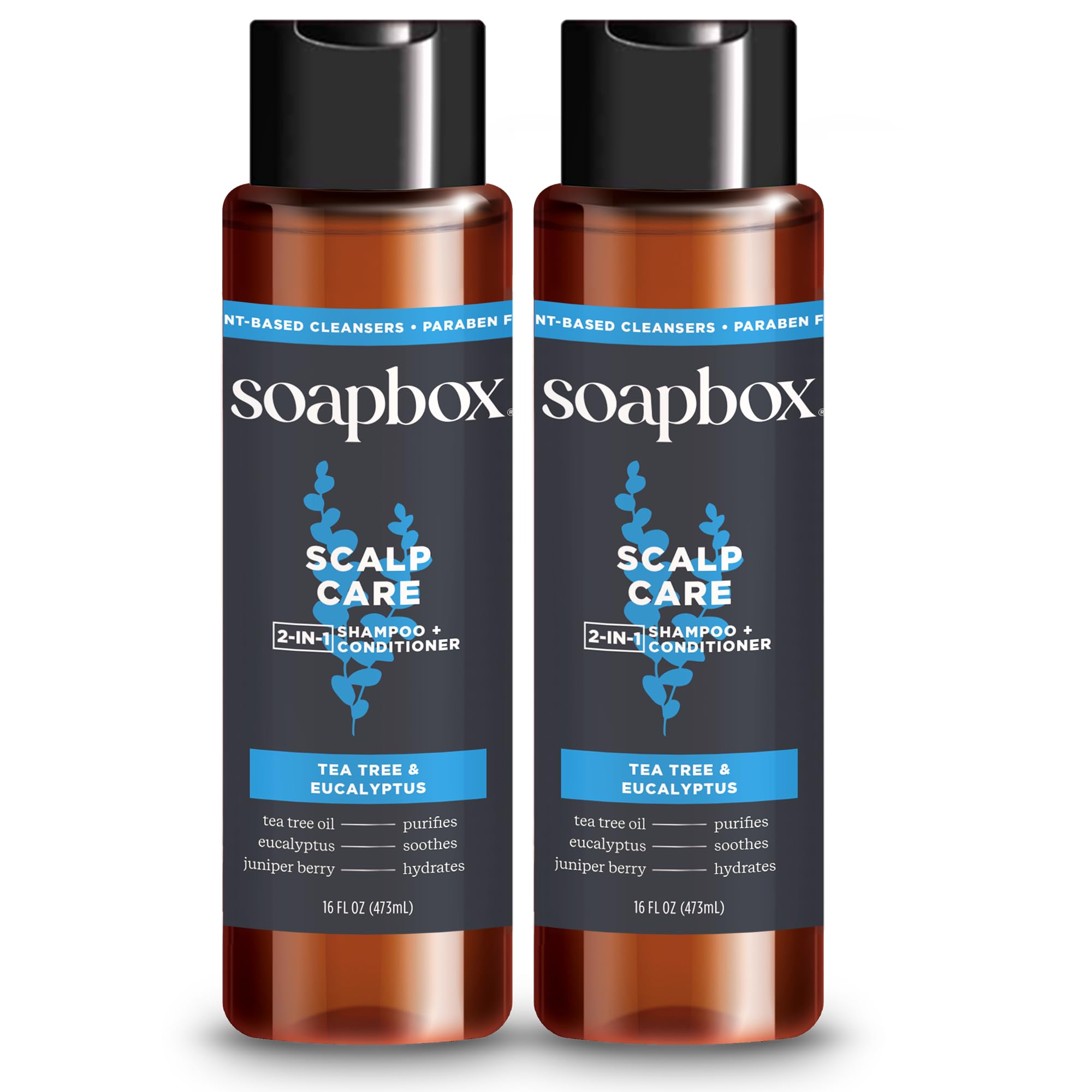 Soapbox Men's Scalp Care 2-in-1 shampoo bottle front shows Tea Tree & Eucalyptus blend.