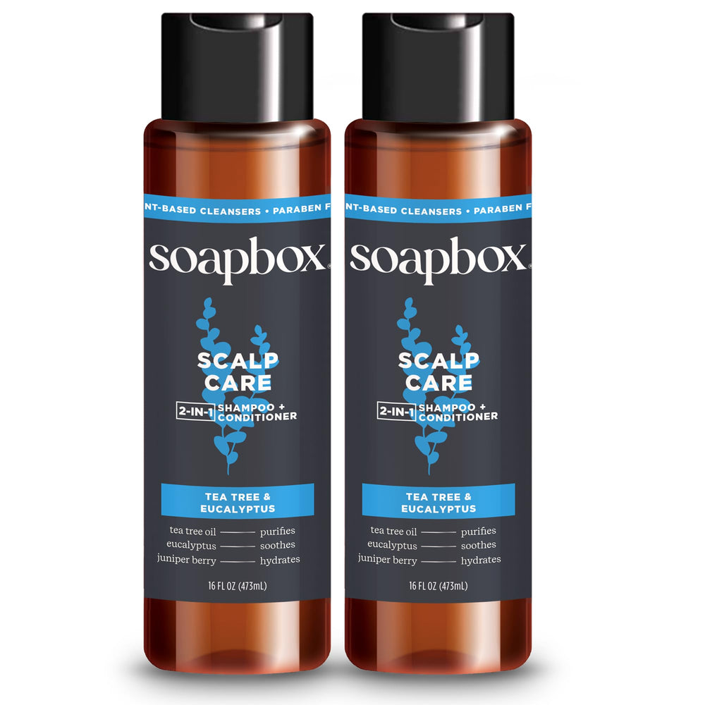 Soapbox Men's Scalp Care 2-in-1 shampoo bottle front shows Tea Tree & Eucalyptus blend.