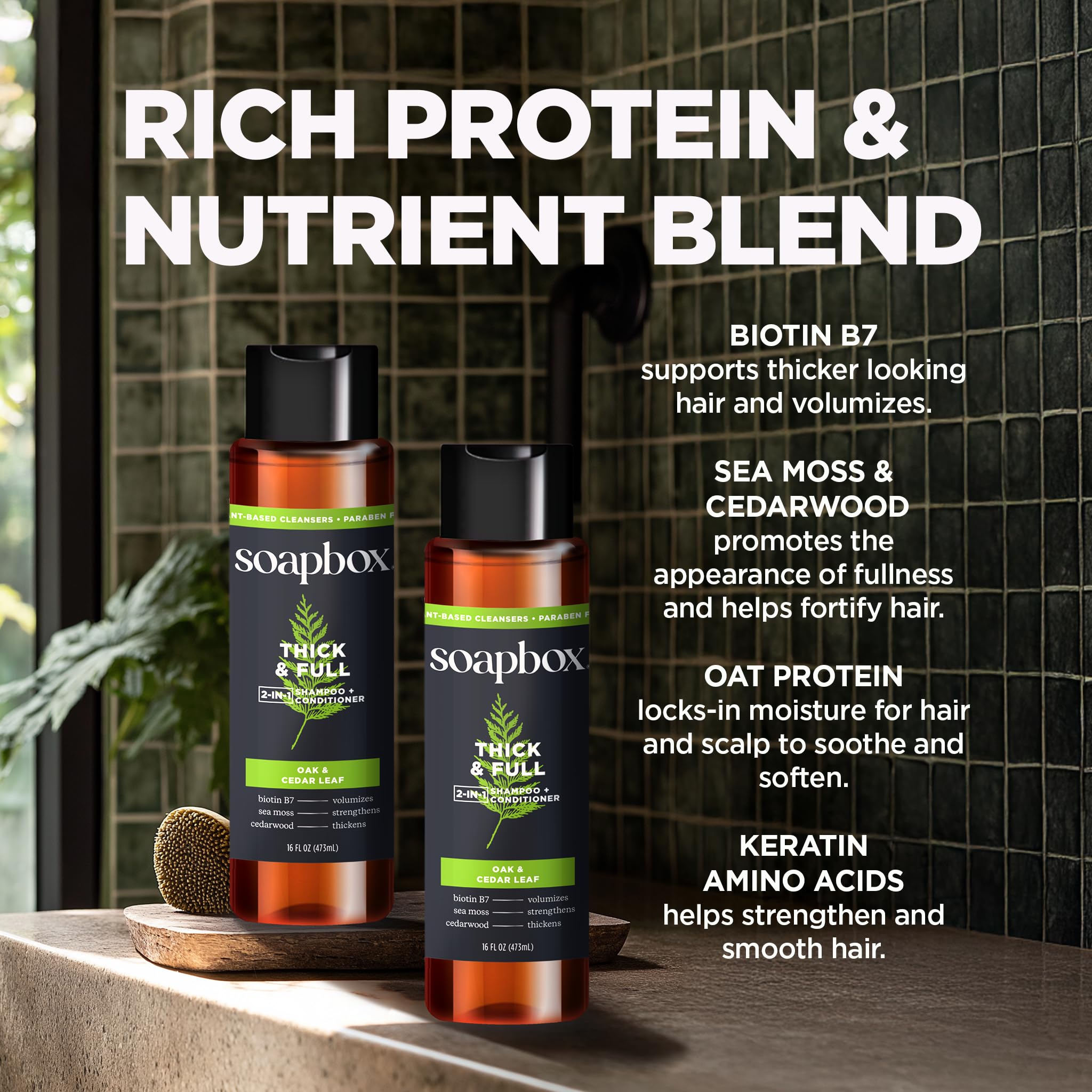 Soapbox Oak Cedar Leaf label highlights natural, vegan, sulfate-free formula.
