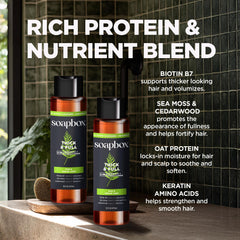 Soapbox Oak Cedar Leaf label highlights natural, vegan, sulfate-free formula.