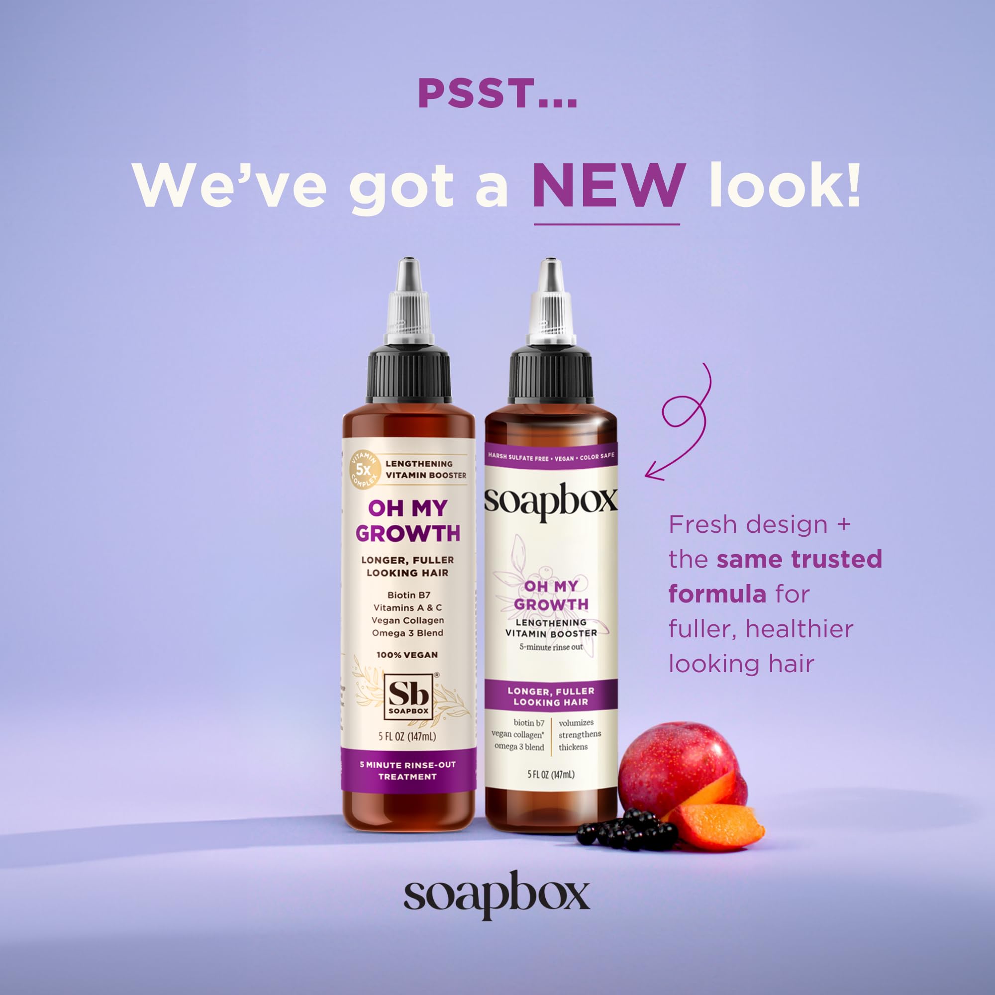 Soapbox Oh My Growth bottle closeup shows label emphasizing vitamins for fuller-looking hair.