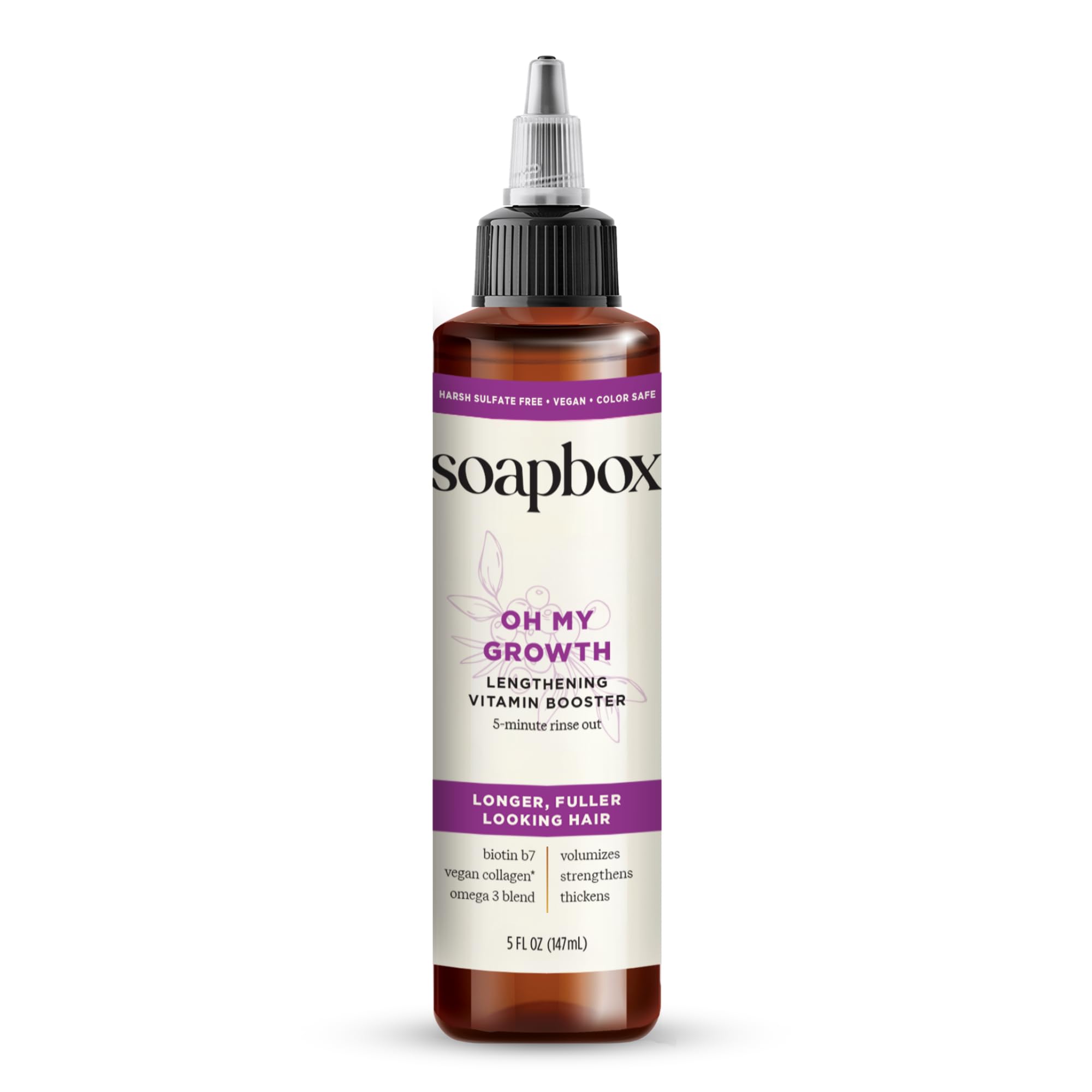 Soapbox Oh My Growth bottle pour highlights a lightweight, non-greasy formula for easy application.