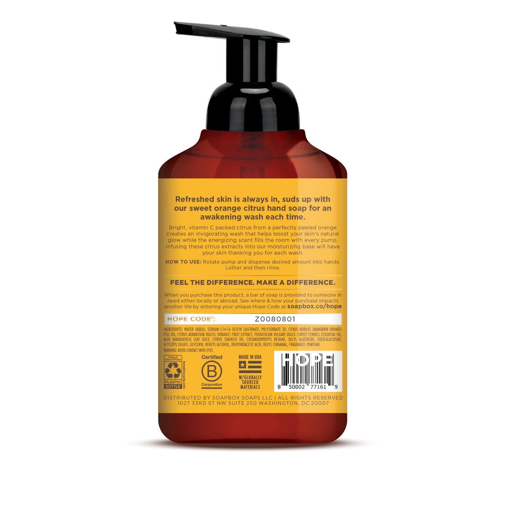 Soapbox hand soap with citrus and fennel in a pump, shown beside a sink.