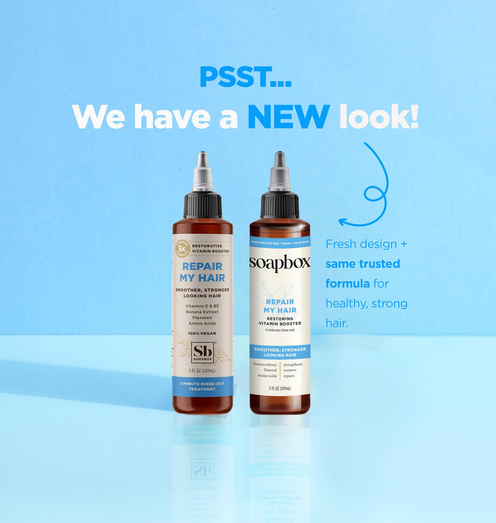Soapbox Repairing Hair Treatment label close-up, vegan and cruelty-free formula