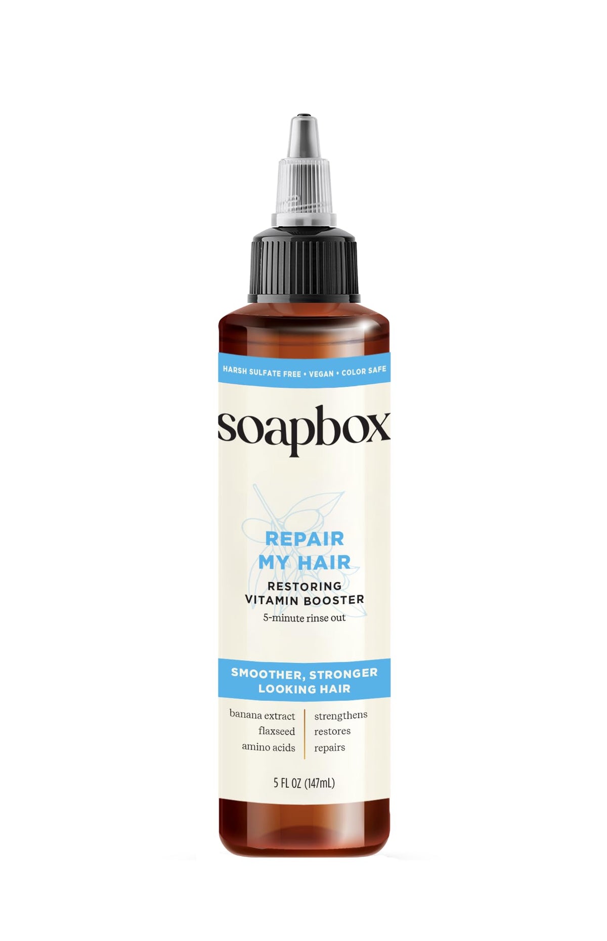 Soapbox Repairing Hair Treatment bottle pour shows smoothing moisture benefits