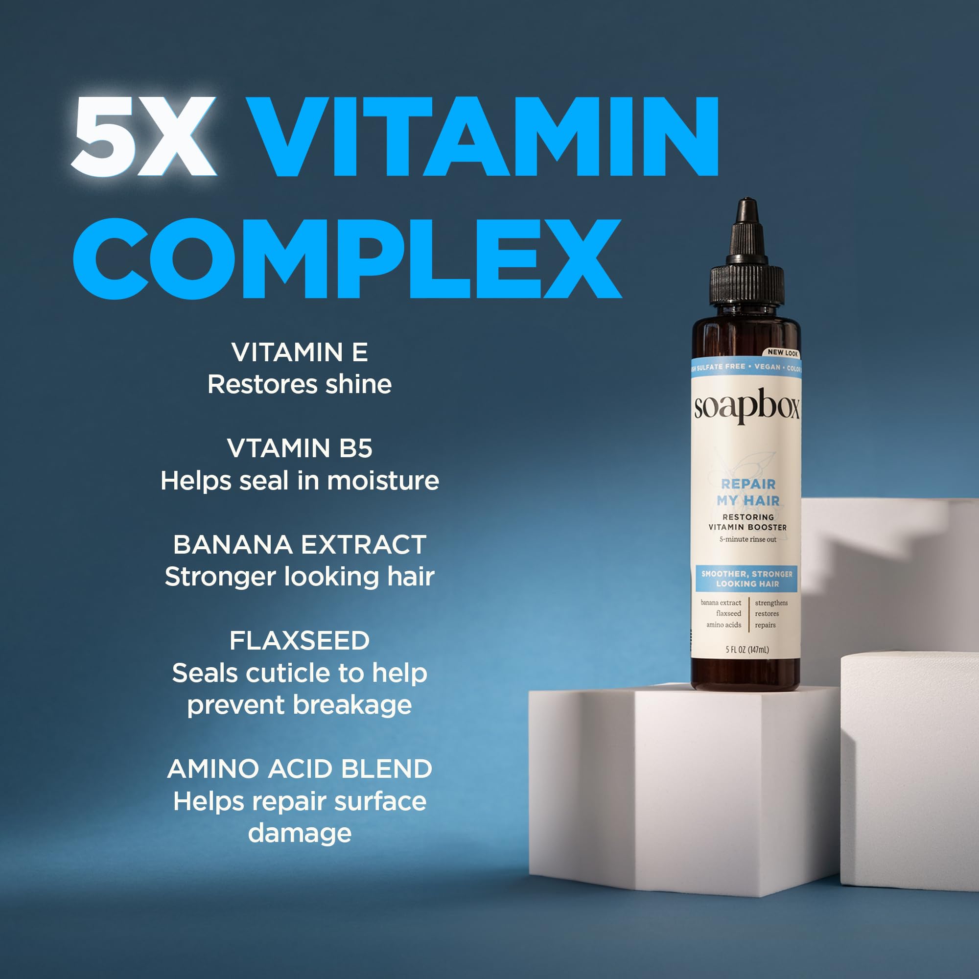 Soapbox Repairing Hair Treatment ingredients bottle highlights vitamin E and banana extract