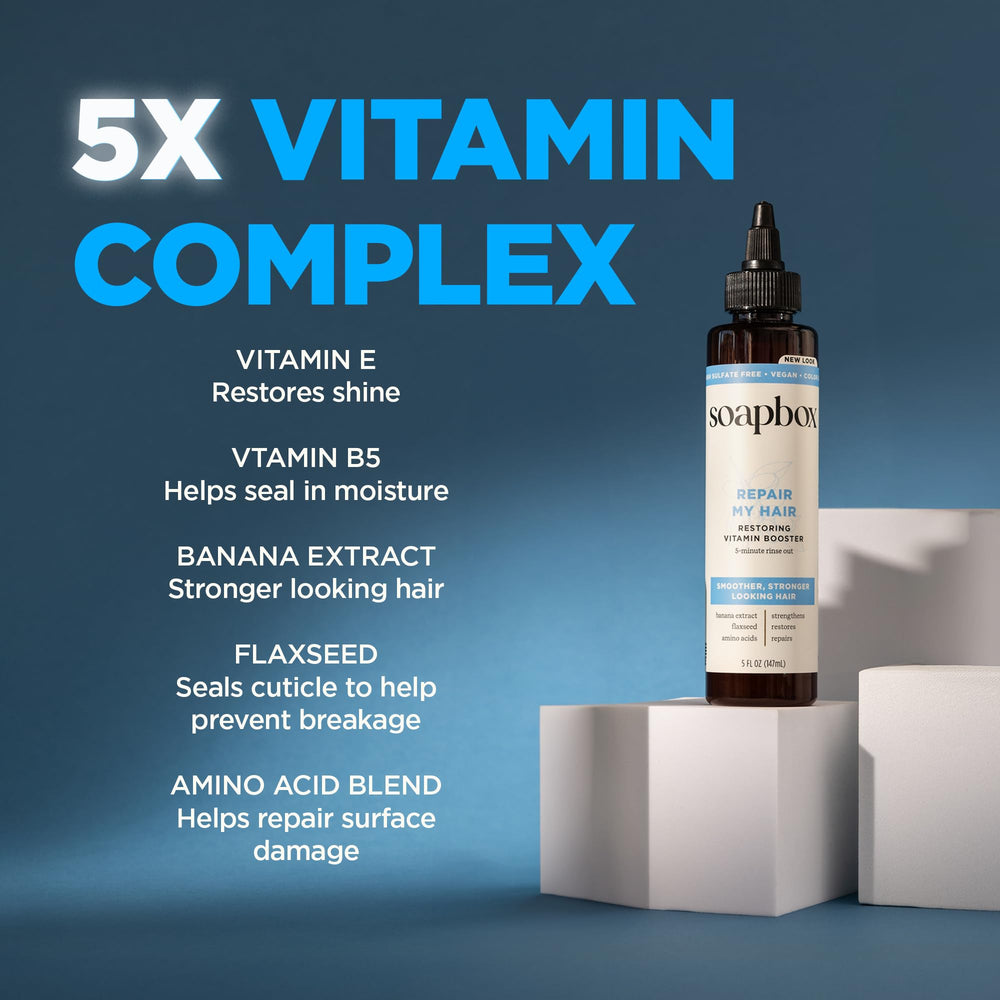 Soapbox Repairing Hair Treatment ingredients bottle highlights vitamin E and banana extract