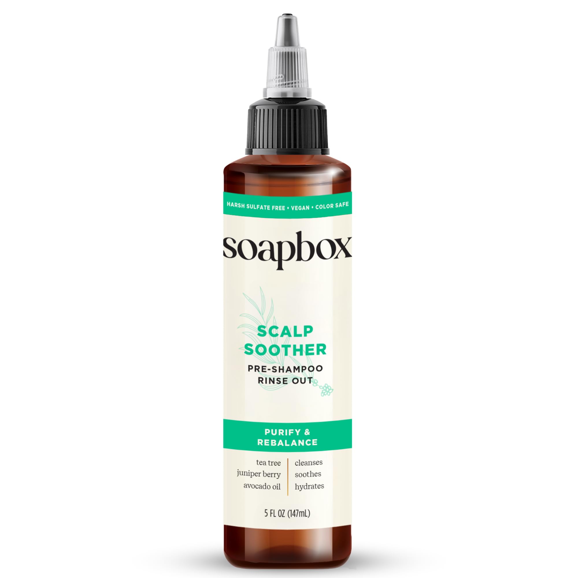 Soapbox Scalp Soother bottle pour shows refreshing tea tree relief on the scalp.