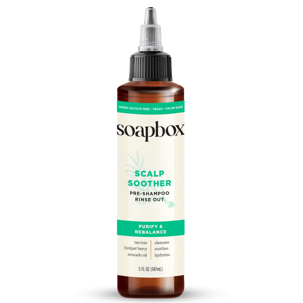 Soapbox Scalp Soother bottle pour shows refreshing tea tree relief on the scalp.