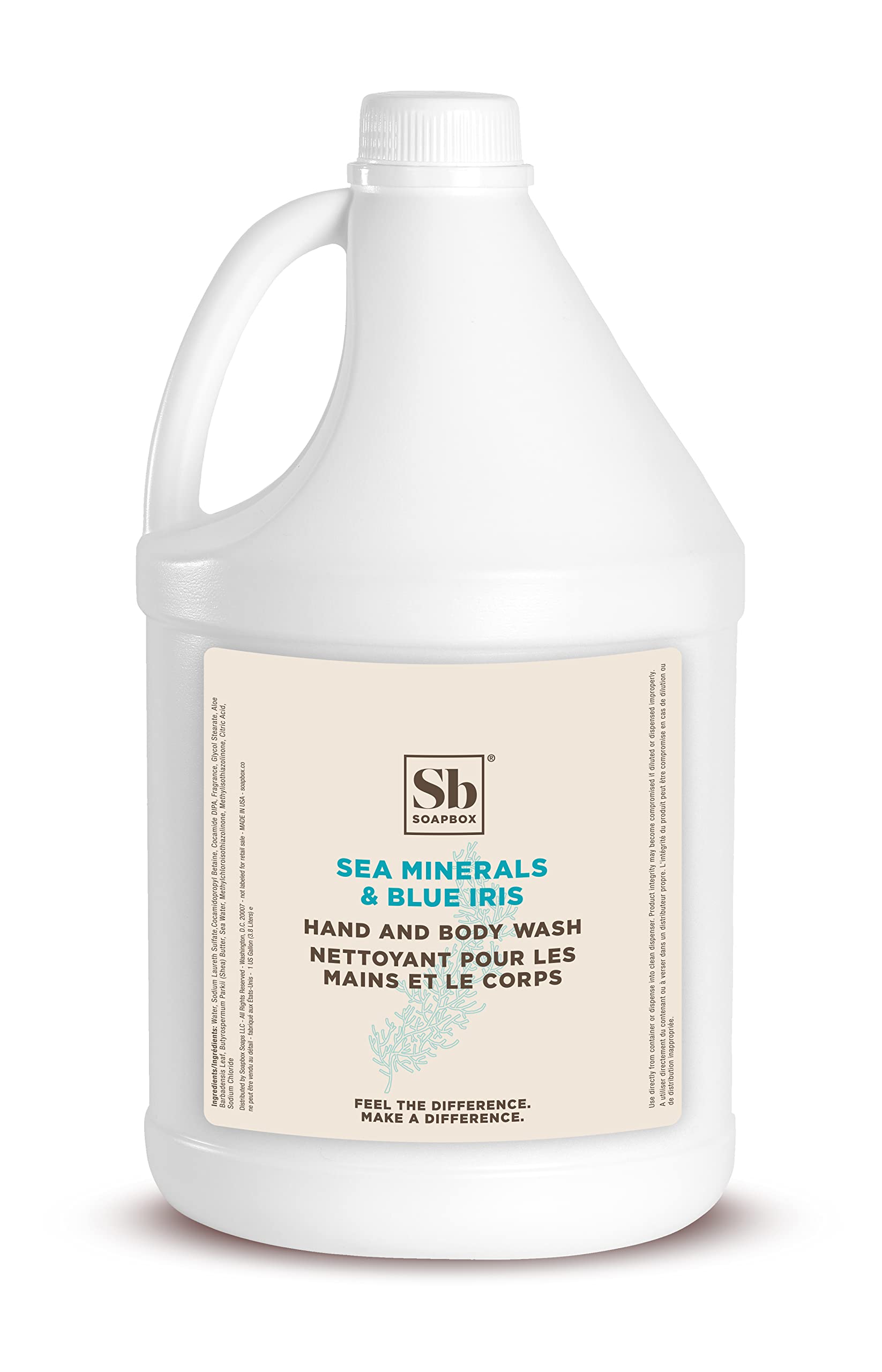 Soapbox Sea Minerals Blue Iris gallon bottle with ocean-inspired scent for home use.