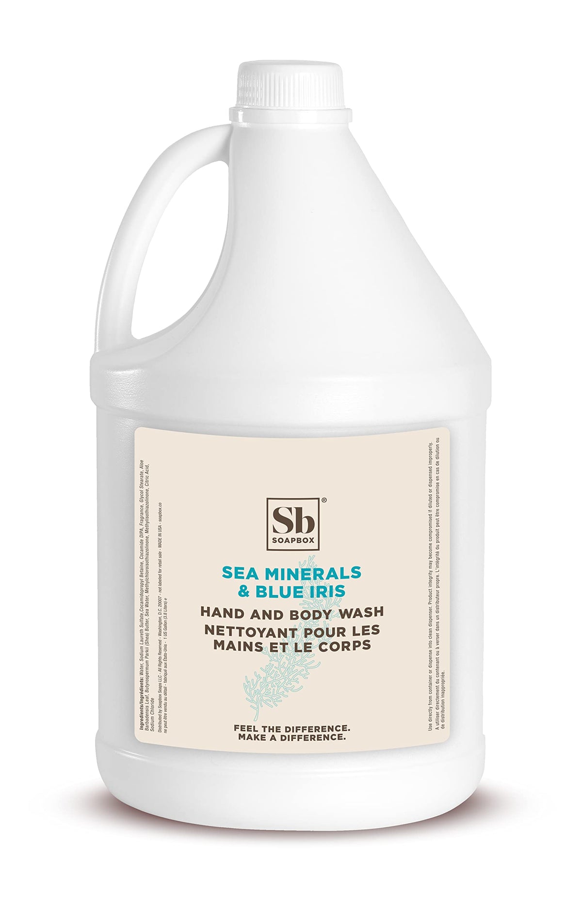 Soapbox Sea Minerals Blue Iris gallon bottle with ocean-inspired scent for home use.