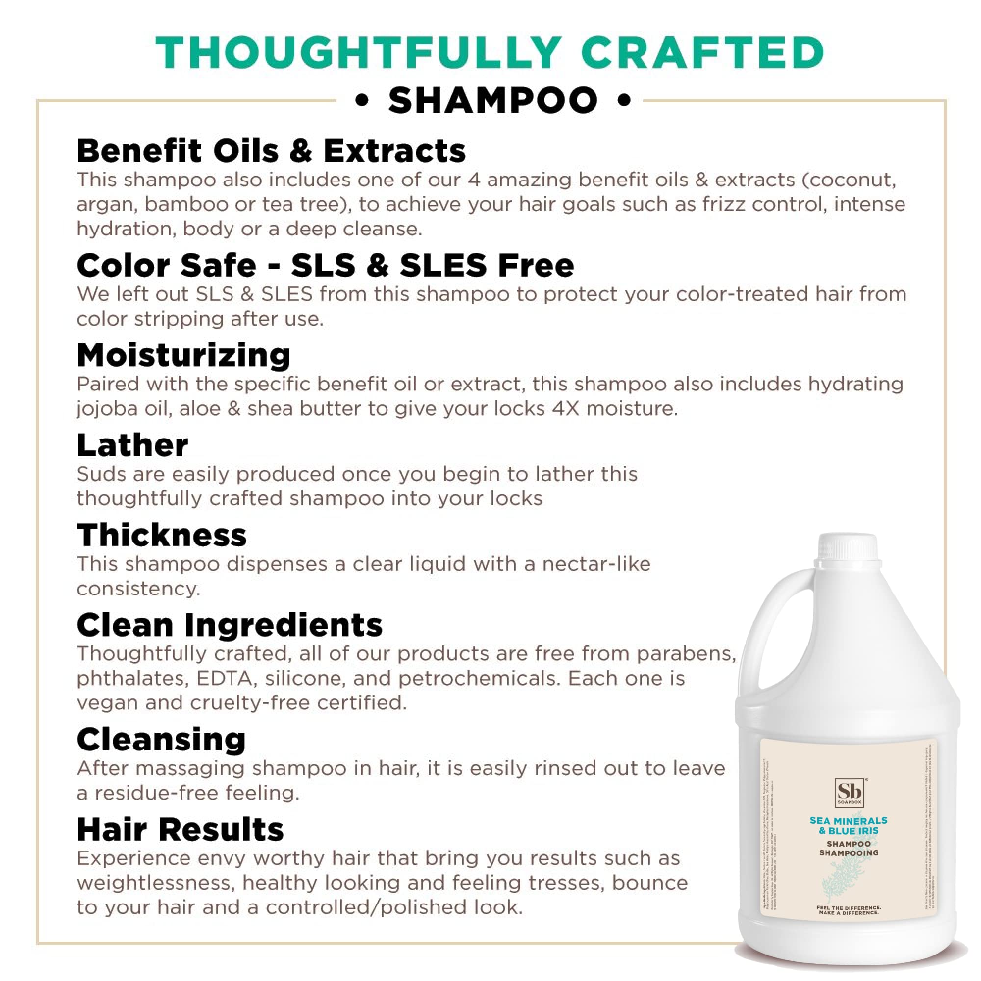 Soapbox Sea Minerals Blue Iris shampoo gallon refill packaging highlights eco-friendly bulk option.