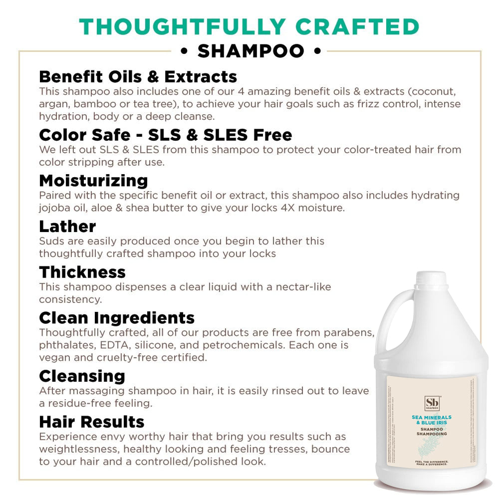 Soapbox Sea Minerals Blue Iris shampoo gallon refill packaging highlights eco-friendly bulk option.