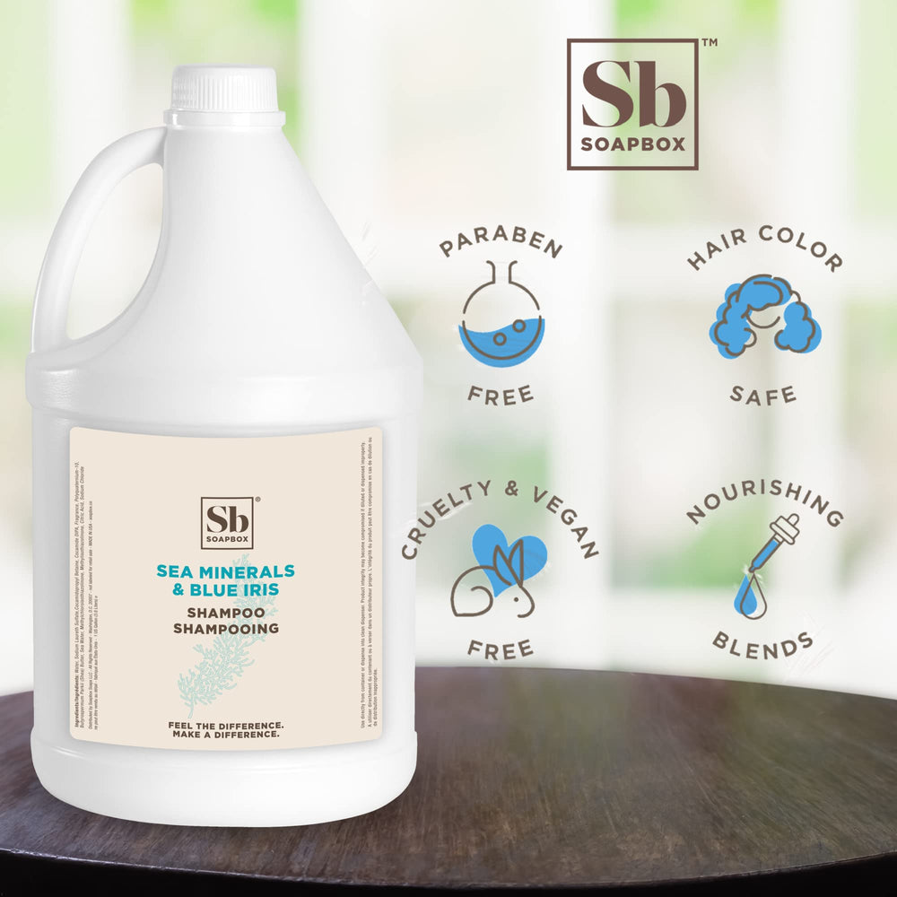 Soapbox Sea Minerals Blue Iris shampoo label detail notes vegan, silicone-free formula.