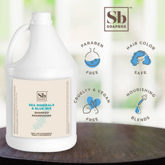 Soapbox Sea Minerals Blue Iris shampoo label detail notes vegan, silicone-free formula.