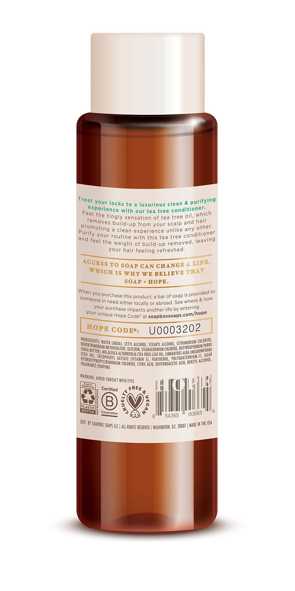 Soapbox Tea Tree Conditioner pump close-up showing refreshing tingle and scalp cleanse.