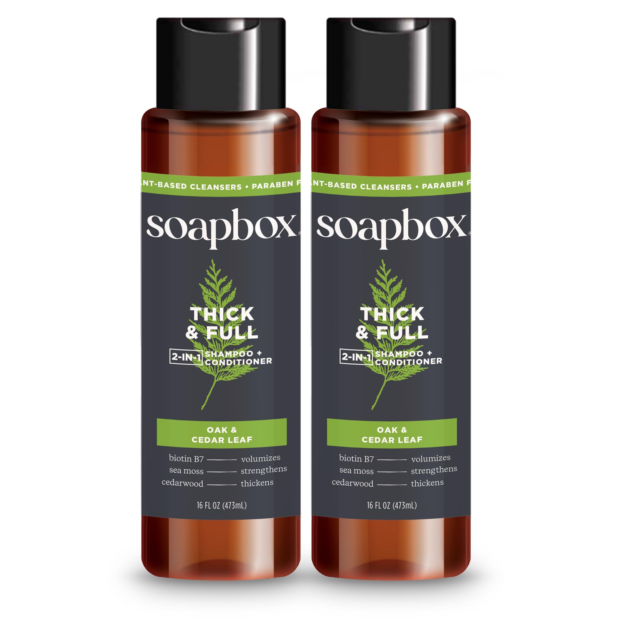 Soapbox Thick & Full 2-in-1 bottle shows a color-safe formula for fuller hair.