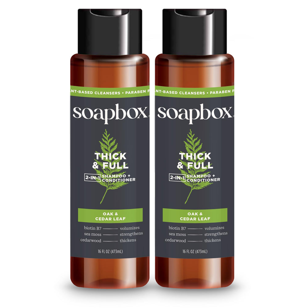 Soapbox Thick & Full 2-in-1 bottle shows a color-safe formula for fuller hair.