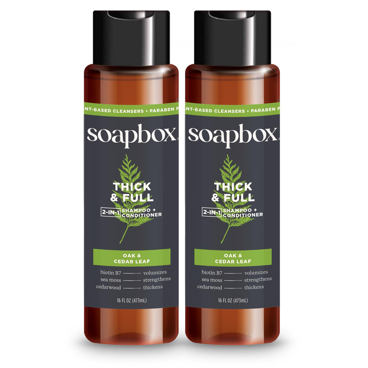Soapbox Thick & Full 2-in-1 bottle shows a color-safe formula for fuller hair.