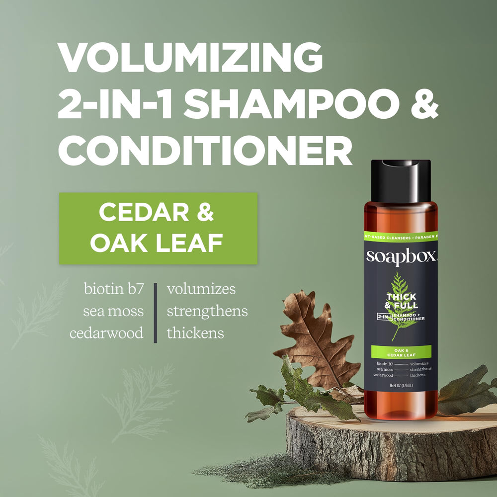 Soapbox Thick & Full 2-in-1 pour illustrates quick, daily grooming use.
