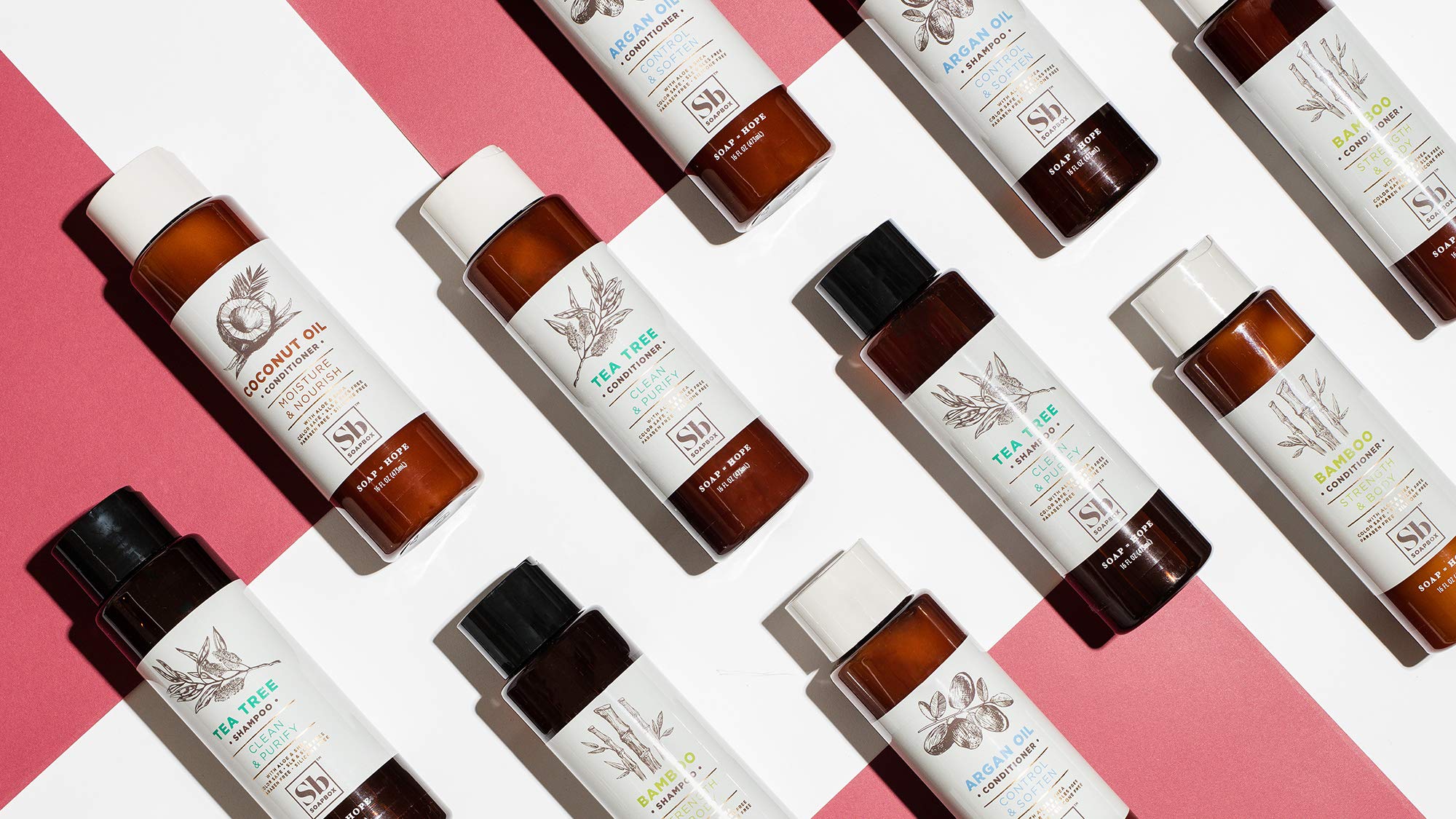 Soapbox Tea Tree Conditioner 5X vitamin complex graphic implying healthier-looking hair.