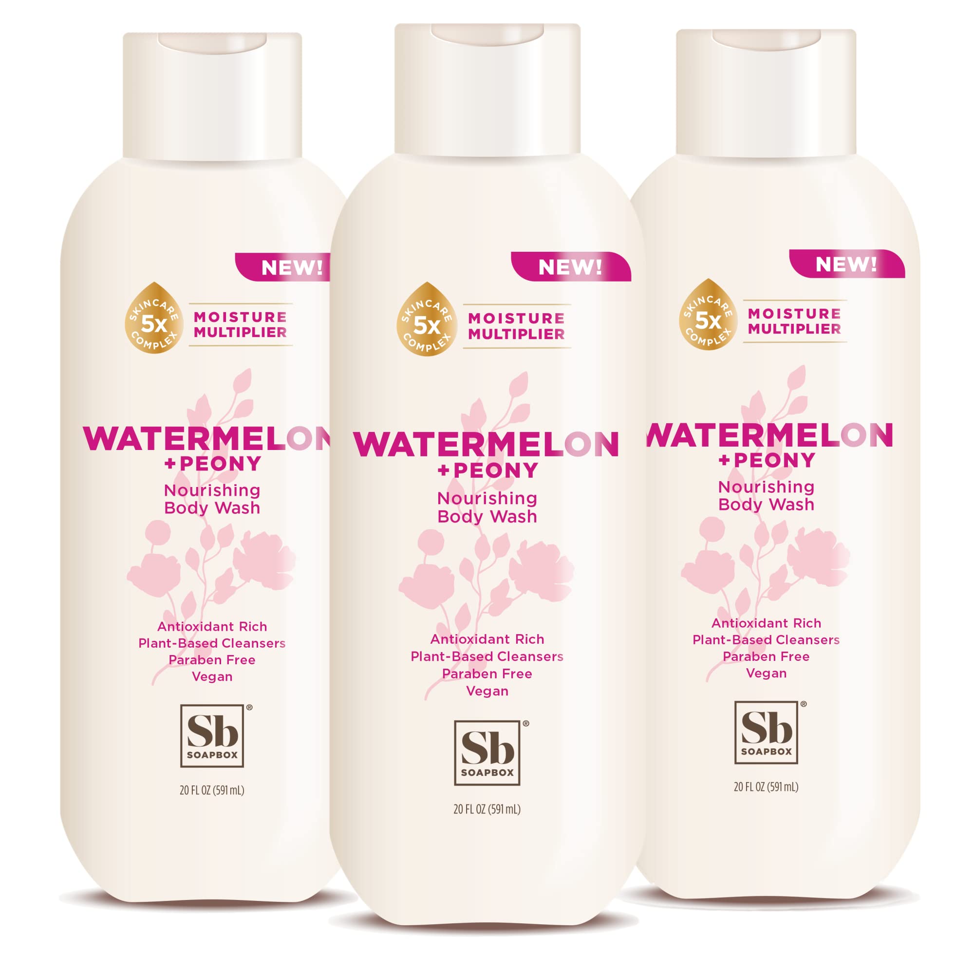 Soapbox Watermelon + Peony body wash bottle front, moisturizing formula highlighted.