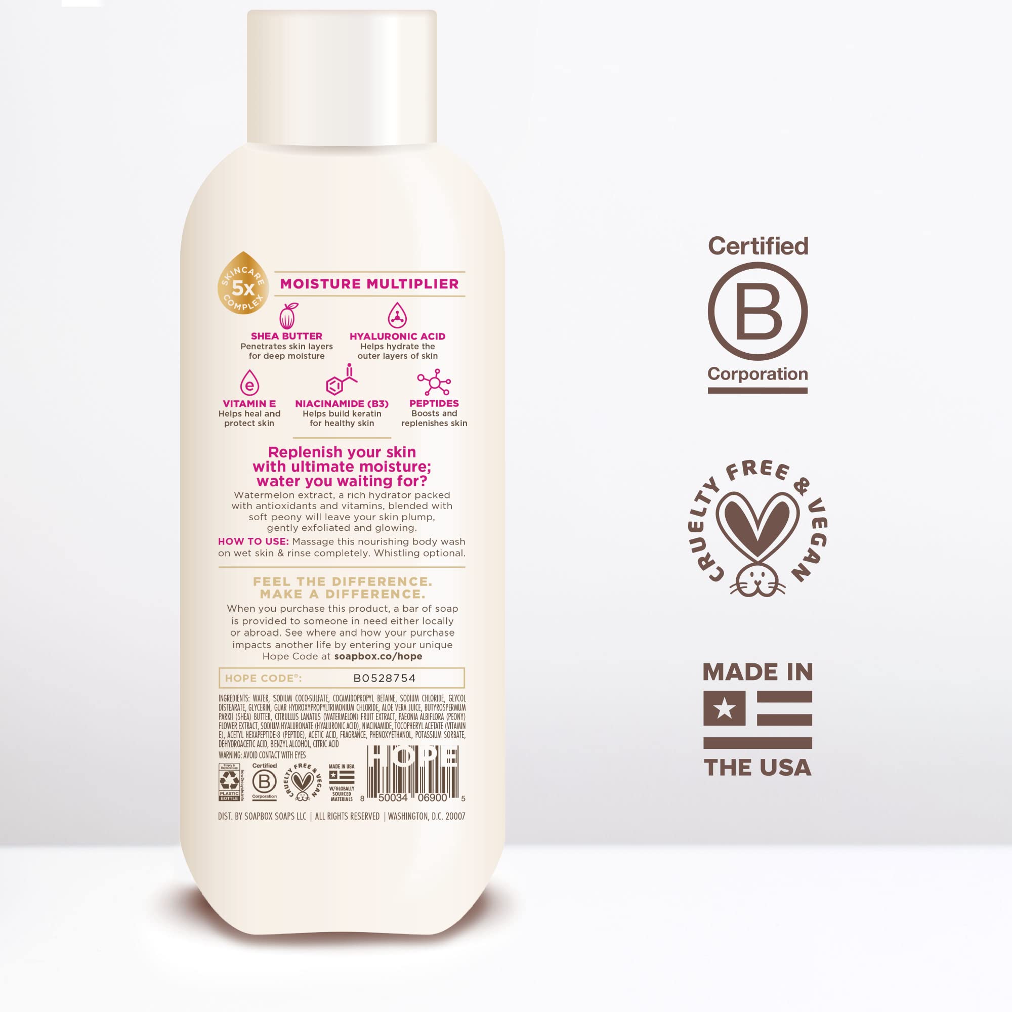 Soapbox Watermelon + Peony on dry skin illustration showing hydration benefits.