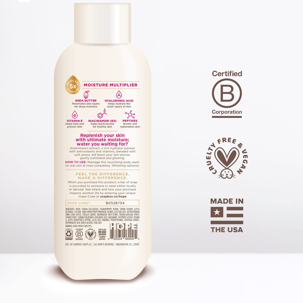 Soapbox Watermelon + Peony on dry skin illustration showing hydration benefits.