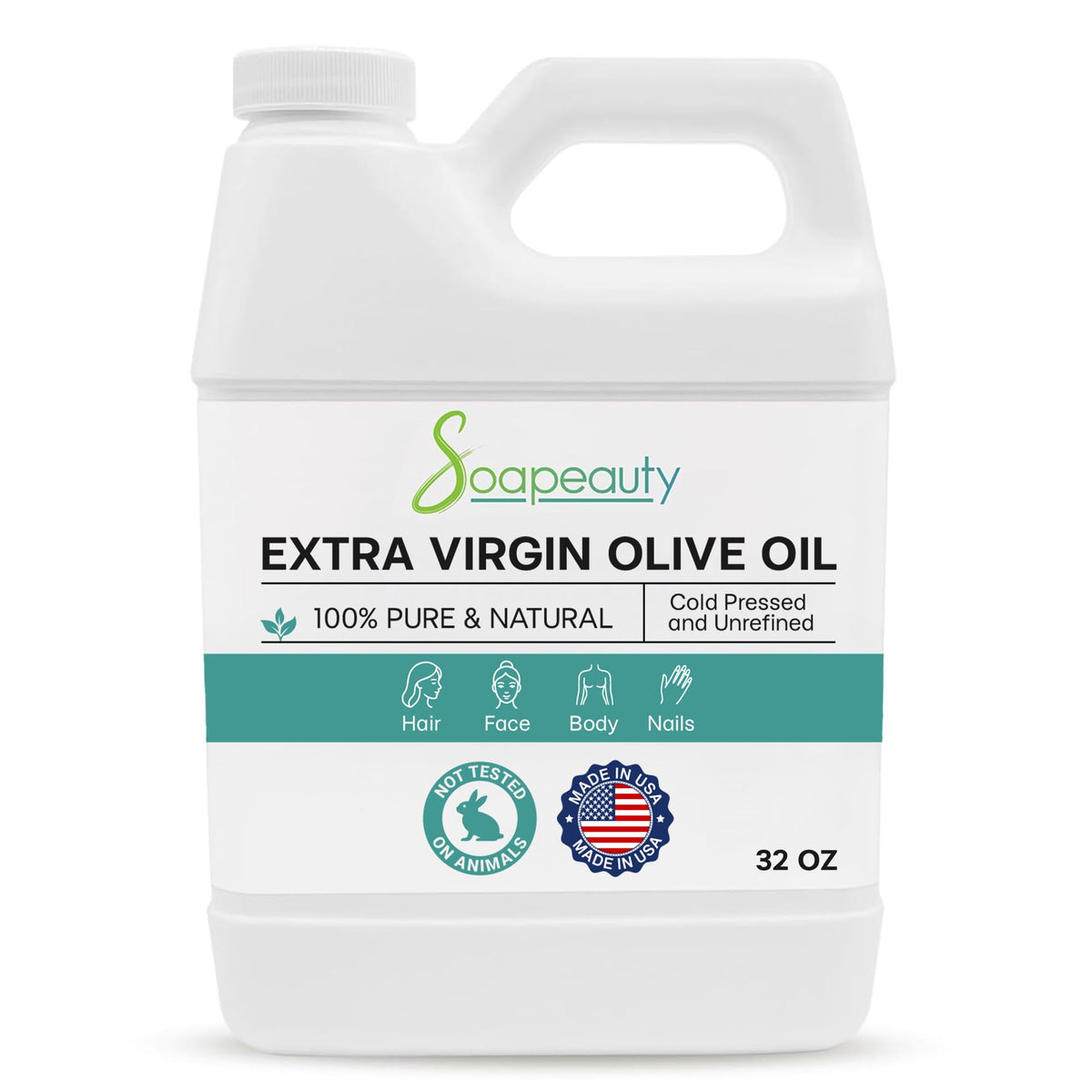 Soapeauty Extra Virgin Olive Oil bottle, 32 oz, ideal for skin and soap